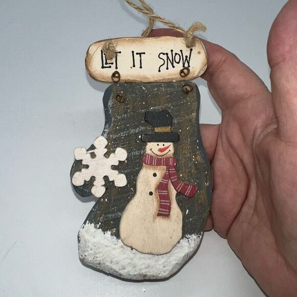 Rustic “Let it Snow” Handmade‎ Wooden Snowman Stocking Christmas Ornament - Picture 6 of 7
